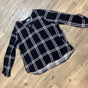 Navy and White Plaid Long Sleeve Blouse